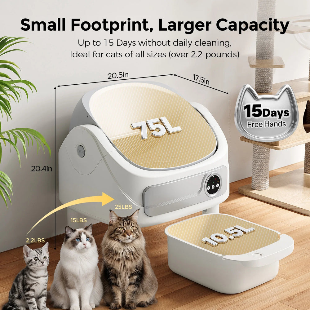 Automatic Litter Box, Self-Cleaning Cat Litter Box with Bio-Radar & 10 Safety Sensors for Anti-Pinch, Open Top Large Litter Box with App Control & Odor-Removing System, White