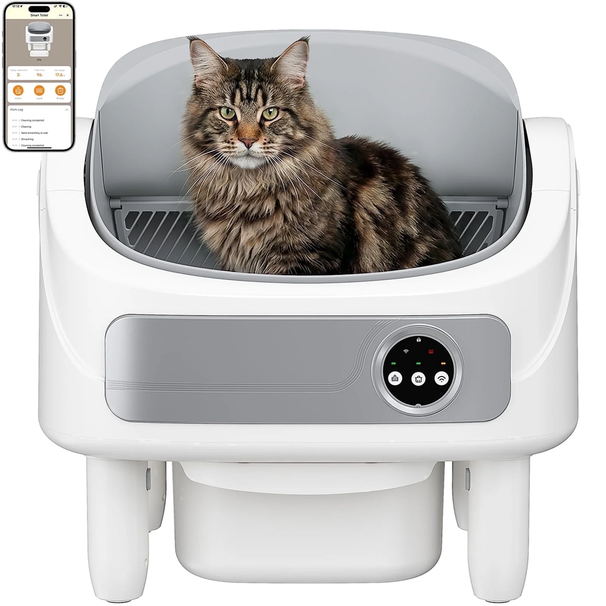 Automatic Litter Box, Self-Cleaning Cat Litter Box with Bio-Radar & 10 Safety Sensors for Anti-Pinch, Open Top Large Litter Box with App Control & Odor-Removing System, White