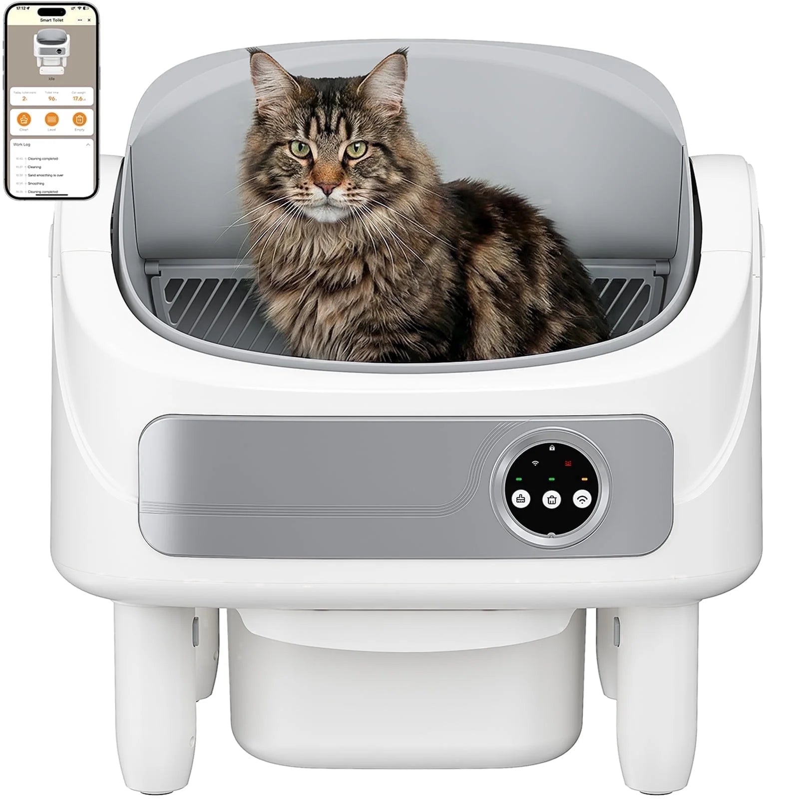 Automatic Litter Box, Self-Cleaning Cat Litter Box with Bio-Radar & 10 Safety Sensors for Anti-Pinch, Open Top Large Litter Box with App Control & Odor-Removing System, White