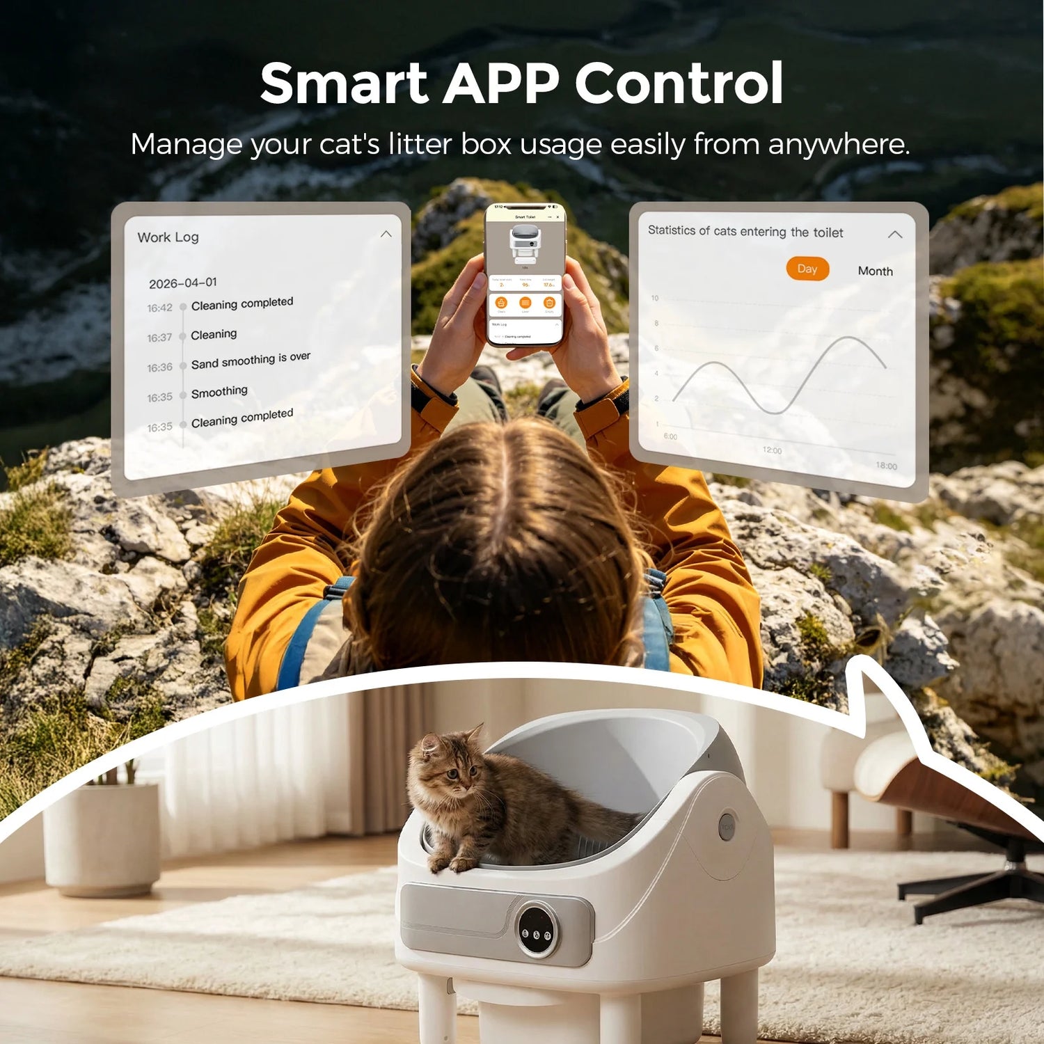 Automatic Litter Box, Self-Cleaning Cat Litter Box with Bio-Radar & 10 Safety Sensors for Anti-Pinch, Open Top Large Litter Box with App Control & Odor-Removing System, White